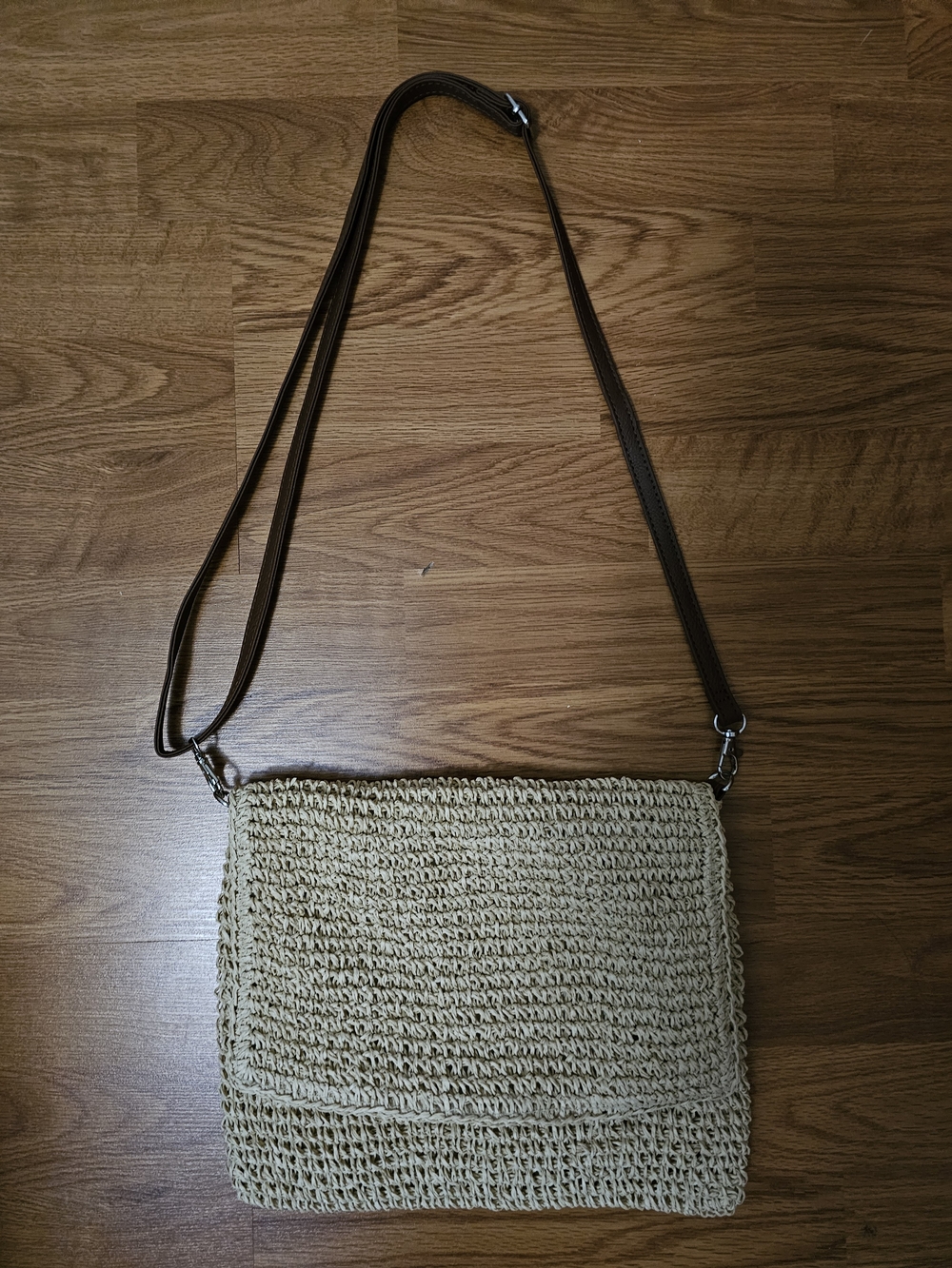 Woven Straw Crossbody Bag with Brown Strap - Natural Beige